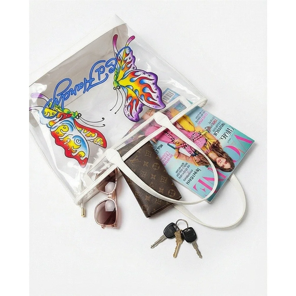 Ed Hardy Clear PVC Butterfly Beach Tote Bag & Zip Pouch Purple White 14x13x6 NWT